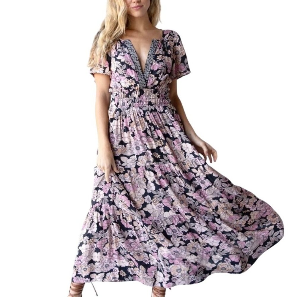 Natural Life S Midi Dress Floral Lightweight Smocked Waist Short Sleeve Boho